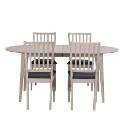 Wohnen Sitzgruppe<Ovaler Esstisch Eiche White Wash & 4 Stühle Pessoa mit Webstoff Grau (fünfteilig)