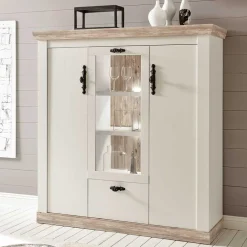 Wohnen Highboards<Scandi Landhaus Highboard in Weiß Pinie Shabby Nedita 140 cm breit