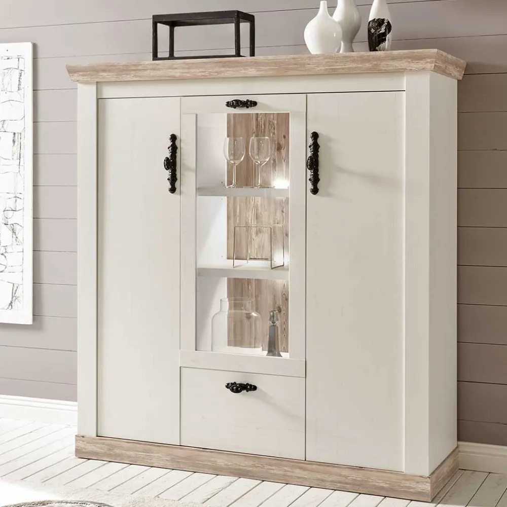 Wohnen Highboards<Scandi Landhaus Highboard in Weiß Pinie Shabby Nedita 140 cm breit