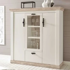 Wohnen Highboards<Scandi Landhaus Highboard in Weiß Pinie Shabby Nedita 140 cm breit