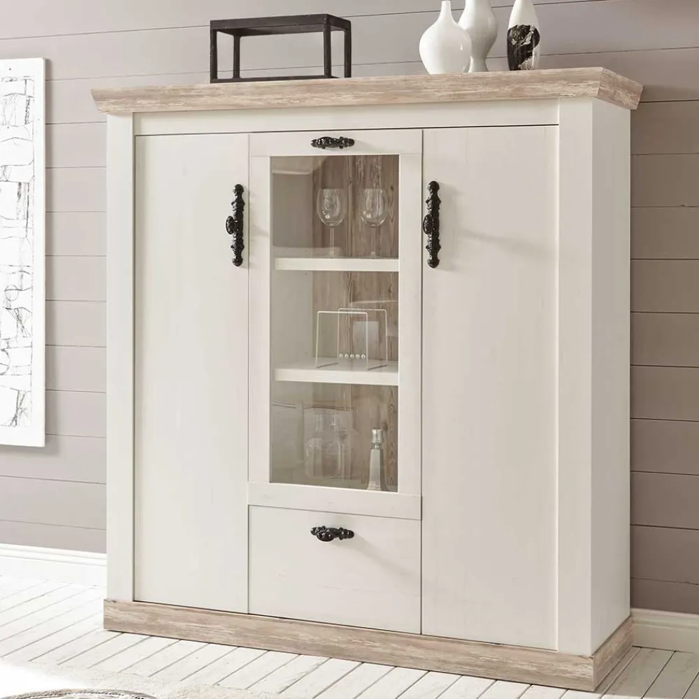 Wohnen Highboards<Scandi Landhaus Highboard in Weiß Pinie Shabby Nedita 140 cm breit