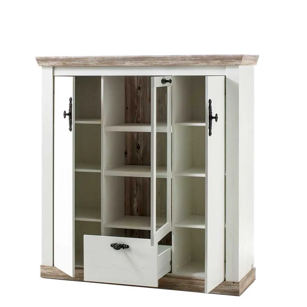 Wohnen Highboards<Scandi Landhaus Highboard in Weiß Pinie Shabby Nedita 140 cm breit