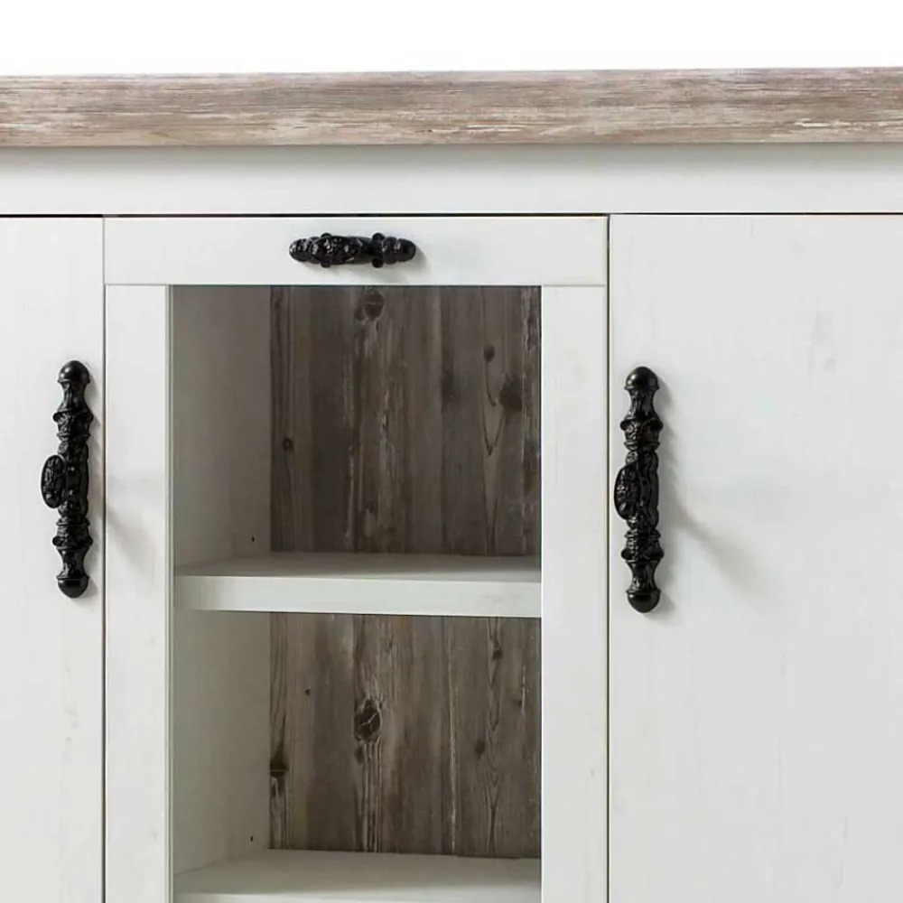 Wohnen Highboards<Scandi Landhaus Highboard in Weiß Pinie Shabby Nedita 140 cm breit