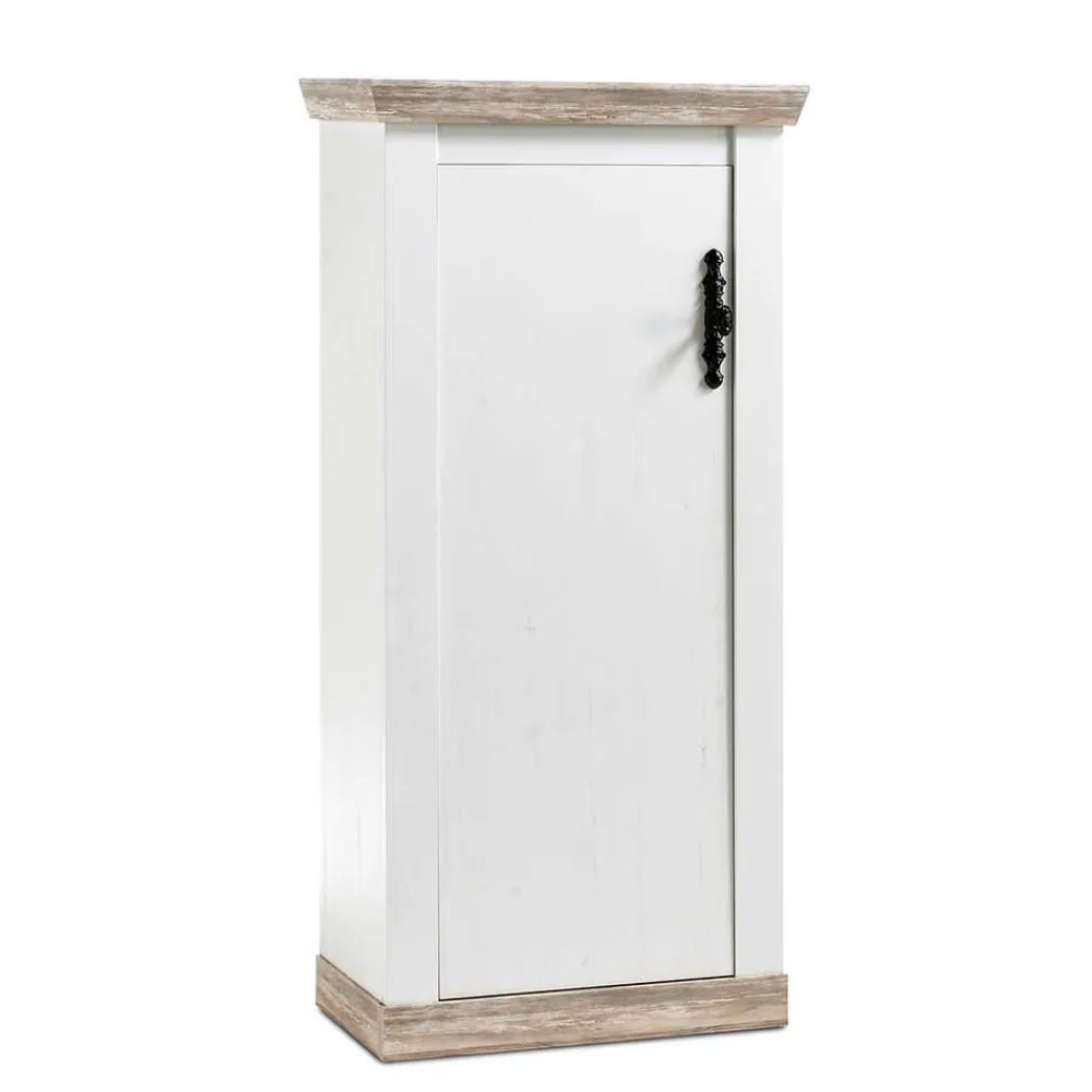 Wohnen Vitrinen<Schmales Highboard 1-türig Nedita in Weiß & Pinie Shabby Dekor