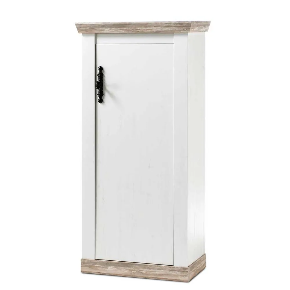 Wohnen Vitrinen<Schmales Highboard 1-türig Nedita in Weiß & Pinie Shabby Dekor