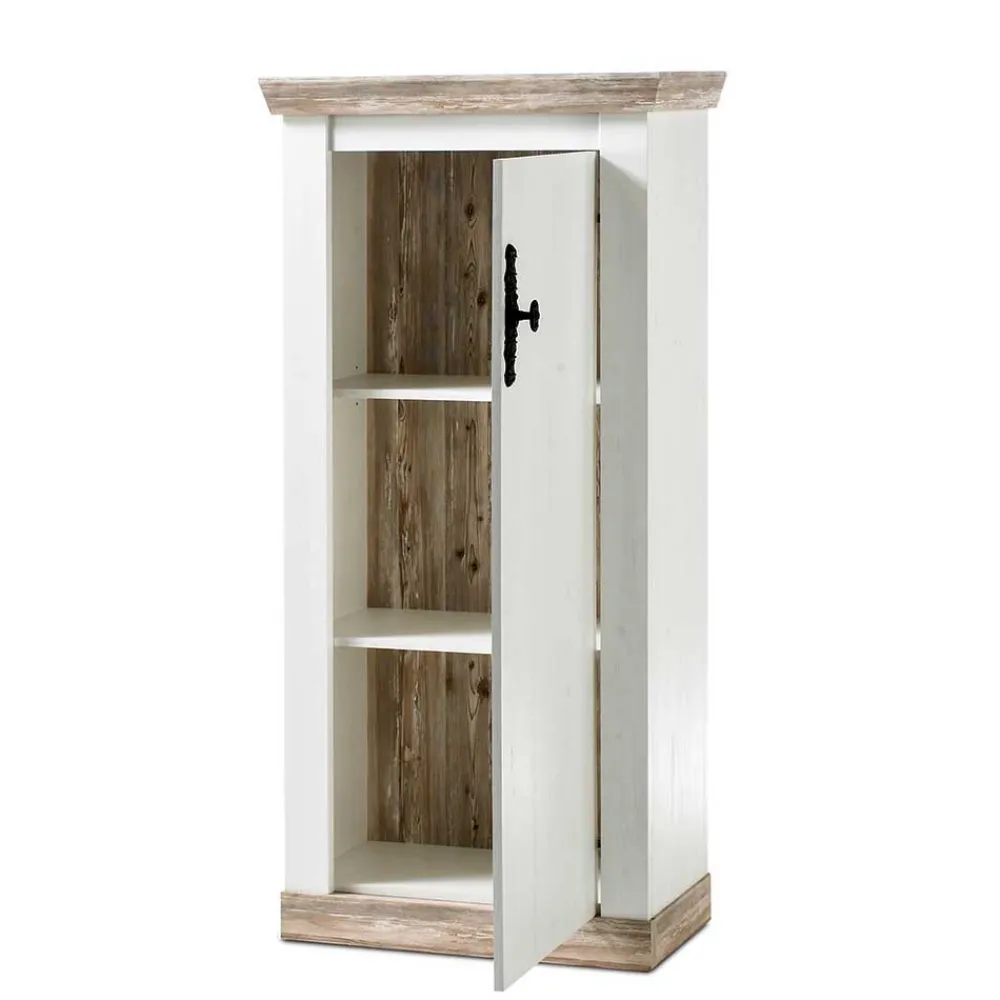 Wohnen Vitrinen<Schmales Highboard 1-türig Nedita in Weiß & Pinie Shabby Dekor