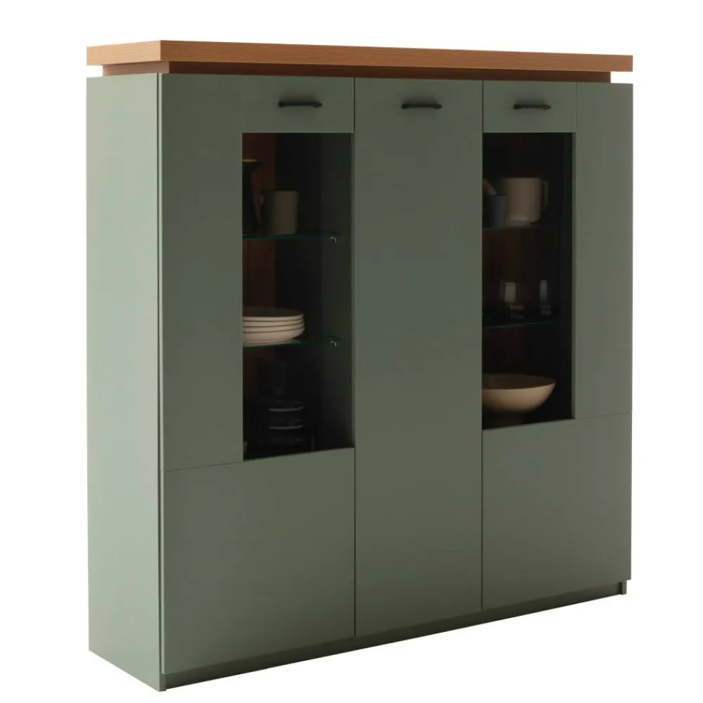Wohnen Highboards|Vitrinen<Schrank Vitrine in Graugrün und Eiche - Kwin