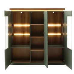 Wohnen Highboards|Vitrinen<Schrank Vitrine in Graugrün und Eiche - Kwin