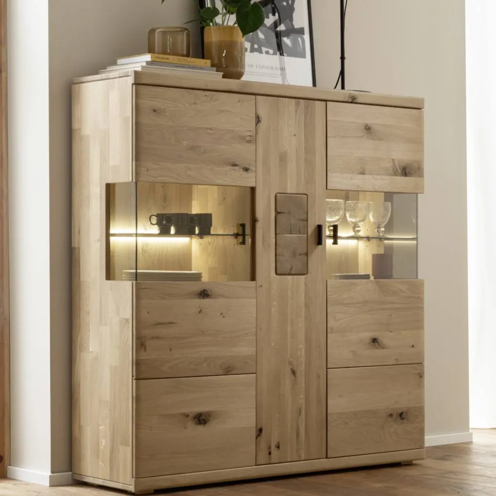 Wohnen Highboards|Vitrinen<Schrankvitrine aus hellem Asteiche Massivholz - Losiamos