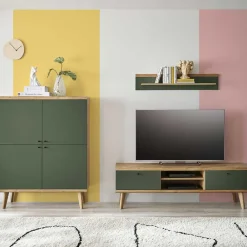 Wohnen Wohnwände<Skandi TV Anbauwand Möbel in Graugrün - Oliva (dreiteilig)