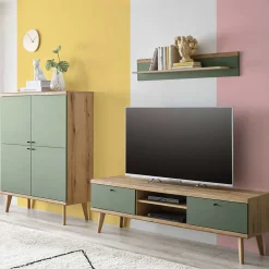 Wohnen Wohnwände<Skandi TV Anbauwand Möbel in Graugrün - Oliva (dreiteilig)