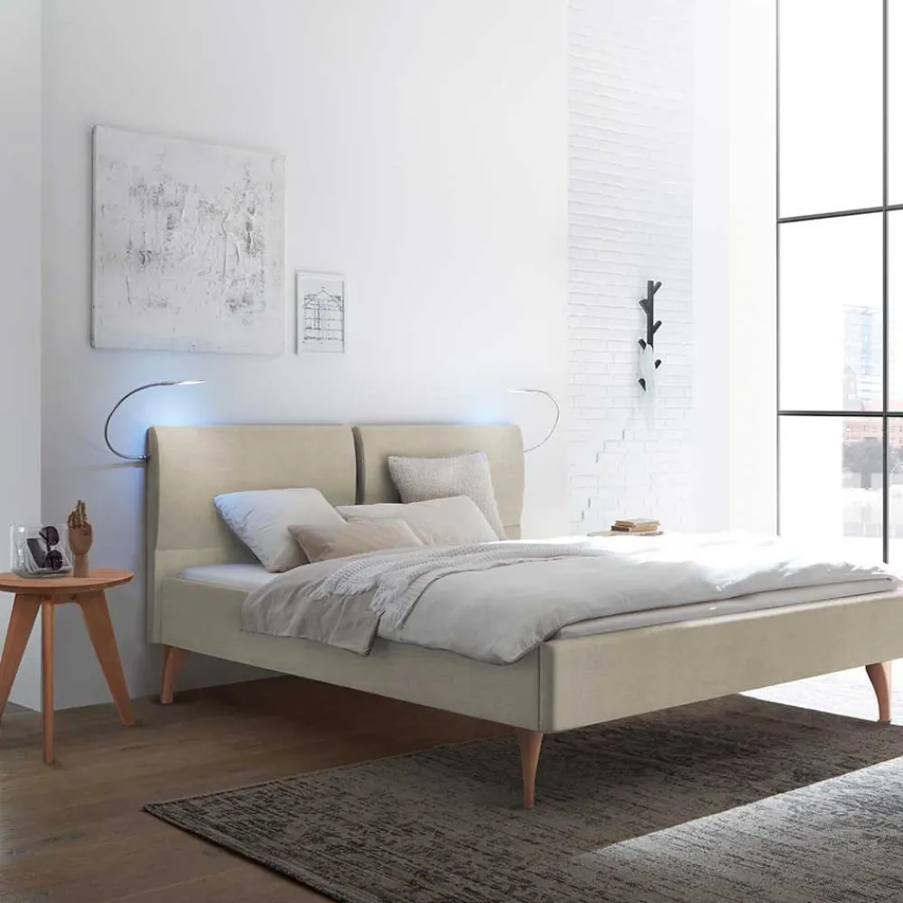 Wohnen Betten<Skandinavisches Designbett in Beige mit Kernbuche - Agruma