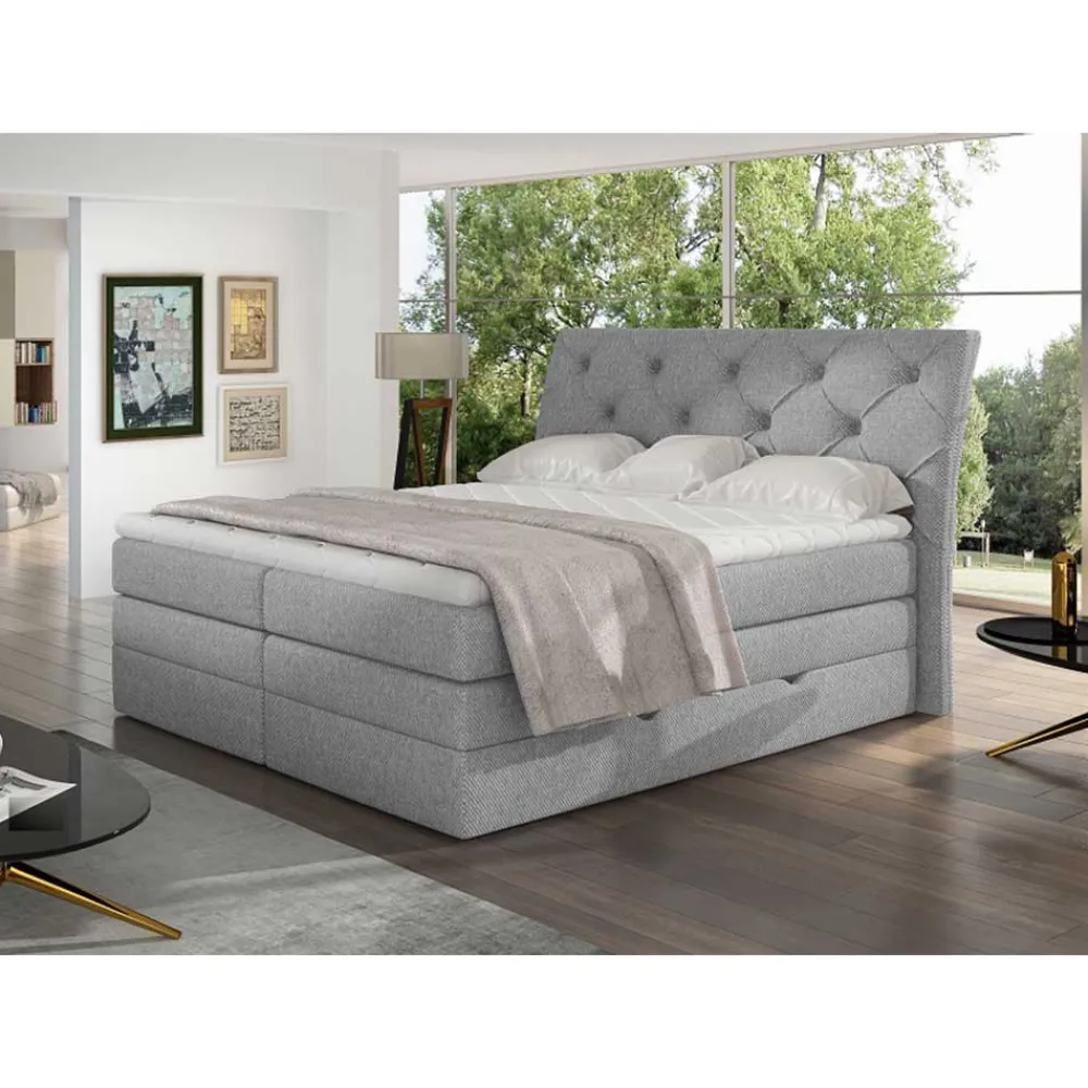 Wohnen Betten<Stoff-Boxspringbett in Hellgrau - Helmu
