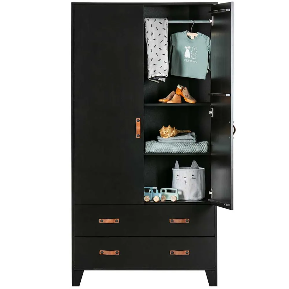 Wohnen Kleiderschränke|Schränke<Teilmassiver 94x180x40 Kiefernholz Kleiderschrank in Schwarz - Ilvessino