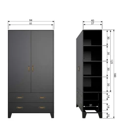 Wohnen Kleiderschränke|Schränke<Teilmassiver 94x180x40 Kiefernholz Kleiderschrank in Schwarz - Ilvessino