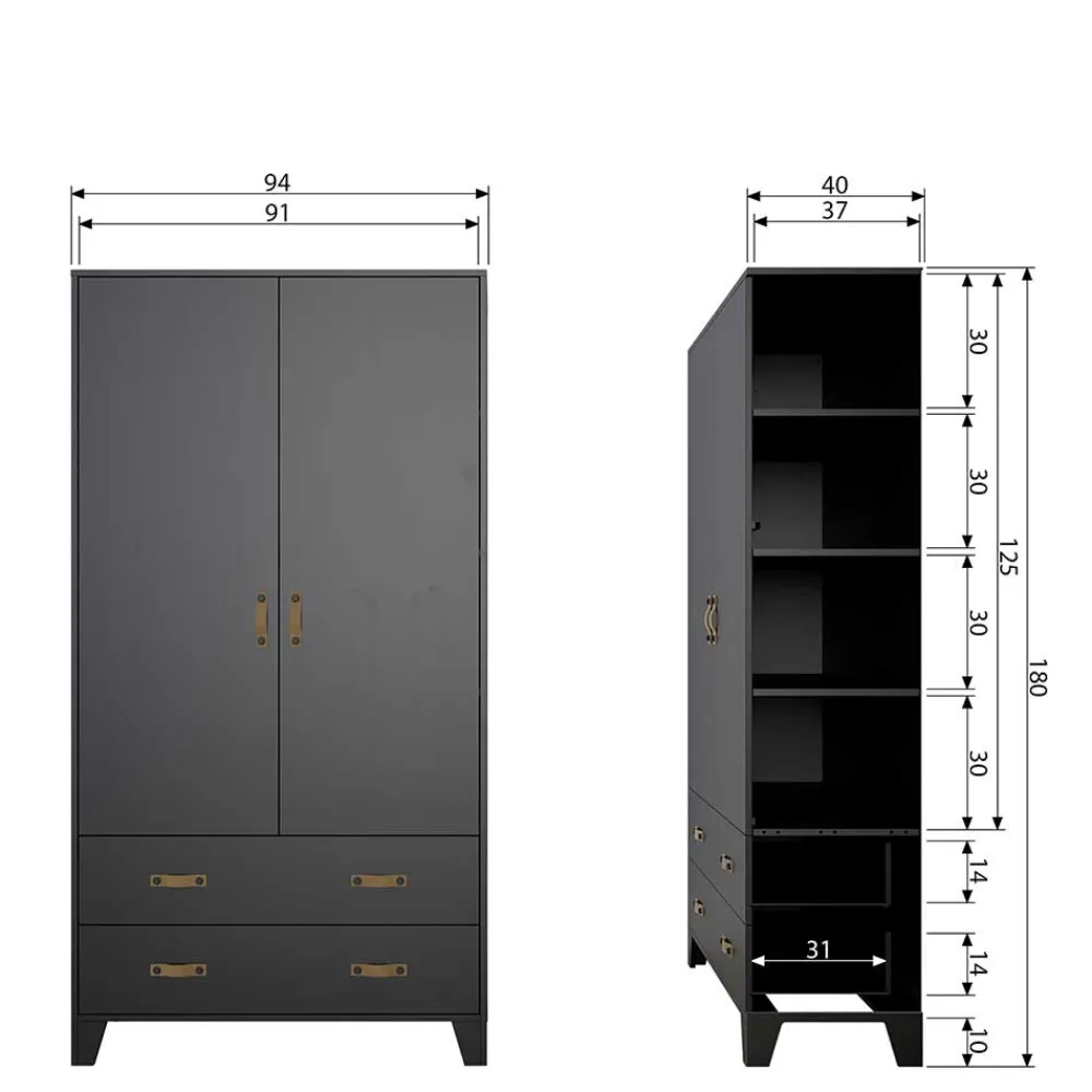 Wohnen Kleiderschränke|Schränke<Teilmassiver 94x180x40 Kiefernholz Kleiderschrank in Schwarz - Ilvessino
