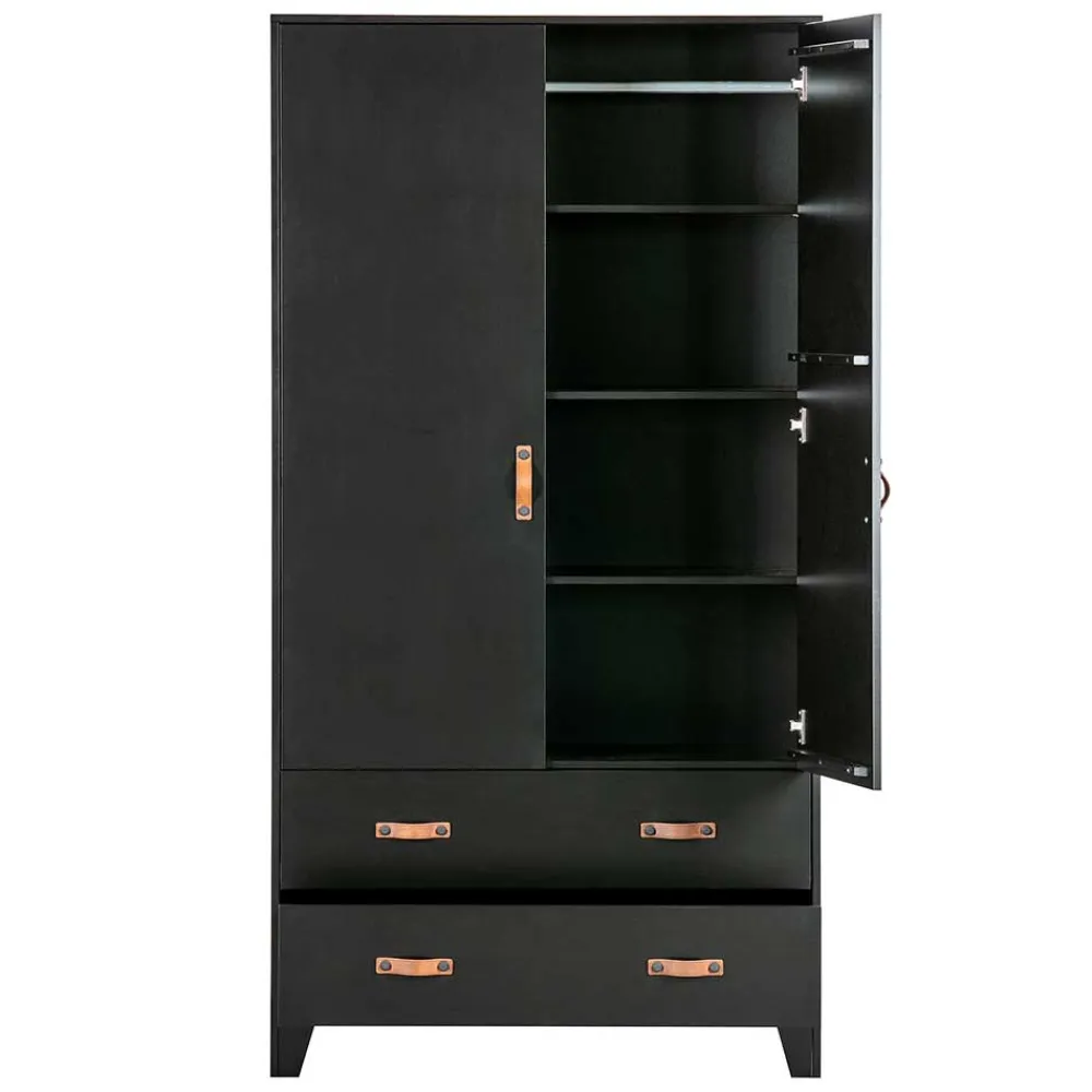 Wohnen Kleiderschränke|Schränke<Teilmassiver 94x180x40 Kiefernholz Kleiderschrank in Schwarz - Ilvessino