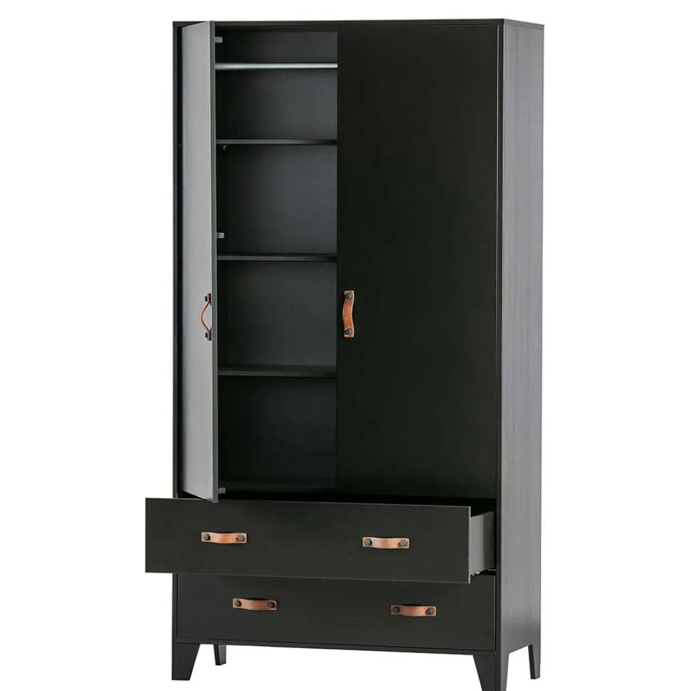 Wohnen Kleiderschränke|Schränke<Teilmassiver 94x180x40 Kiefernholz Kleiderschrank in Schwarz - Ilvessino