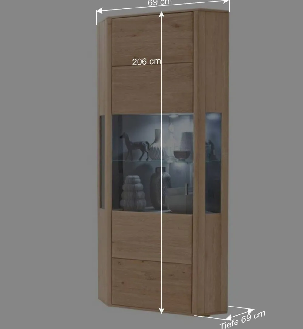 Wohnen Vitrinen<1-türige Eck-Vitrine in Eiche Bianco - Vernella