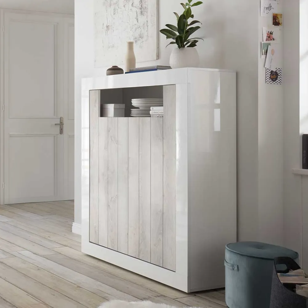 Wohnen Highboards<2-türiges Highboard in Dekor Pinie Weiß - Merenda