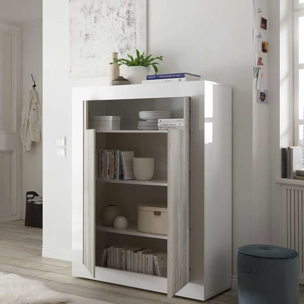 Wohnen Highboards<2-türiges Highboard in Dekor Pinie Weiß - Merenda
