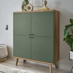 Wohnen Highboards<4-türiges Highboard in Graugrün und Wildeiche - Oliva