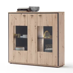 Wohnen Highboards|Kommoden<3-türiges Highboard mit Glas in Holzdekor Eiche - Nikdus