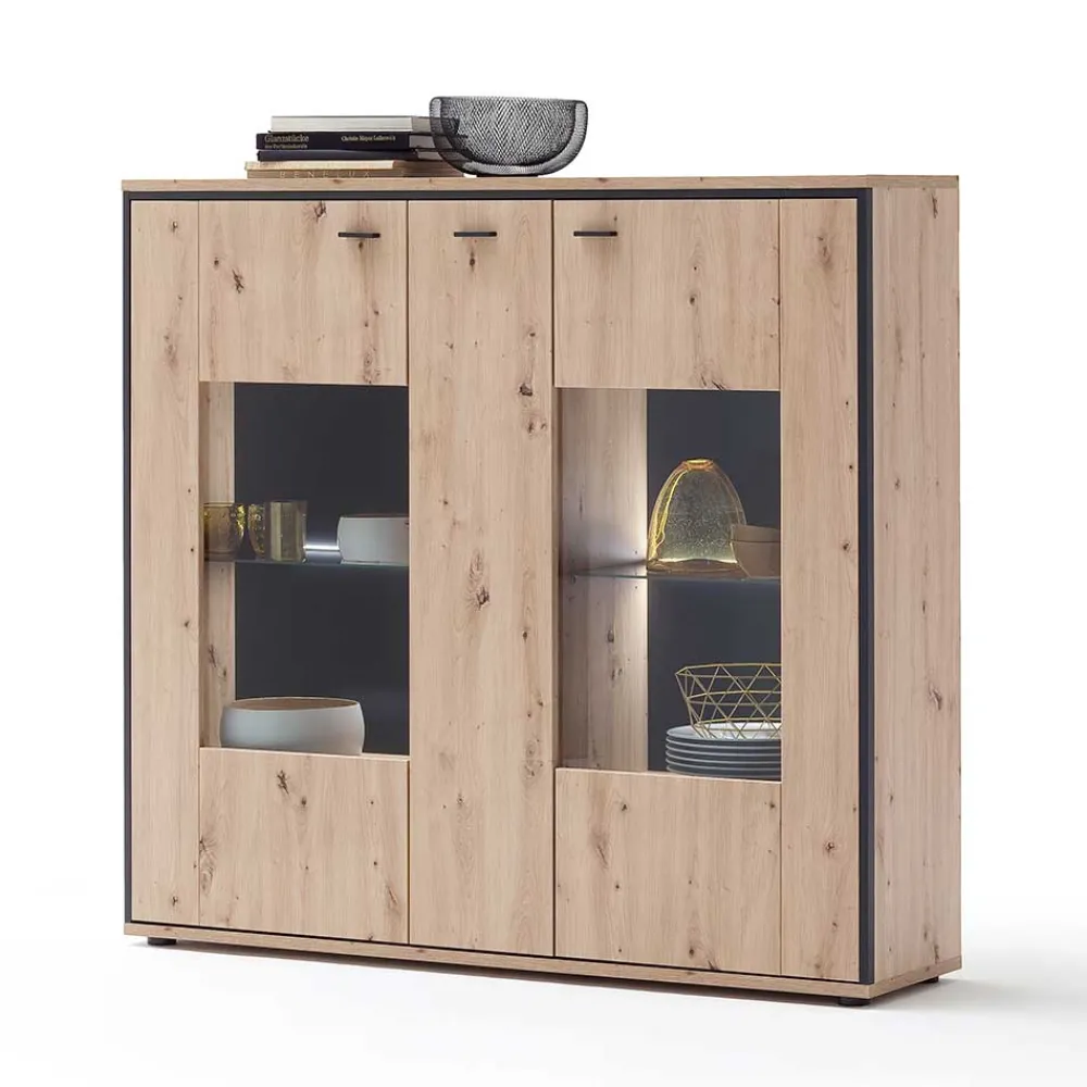 Wohnen Highboards|Kommoden<3-türiges Highboard mit Glas in Holzdekor Eiche - Nikdus