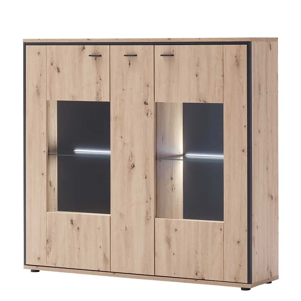 Wohnen Highboards|Kommoden<3-türiges Highboard mit Glas in Holzdekor Eiche - Nikdus