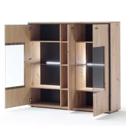 Wohnen Highboards|Kommoden<3-türiges Highboard mit Glas in Holzdekor Eiche - Nikdus