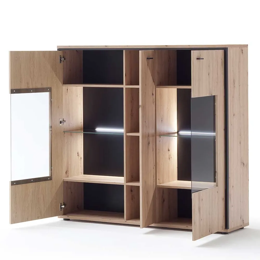 Wohnen Highboards|Kommoden<3-türiges Highboard mit Glas in Holzdekor Eiche - Nikdus
