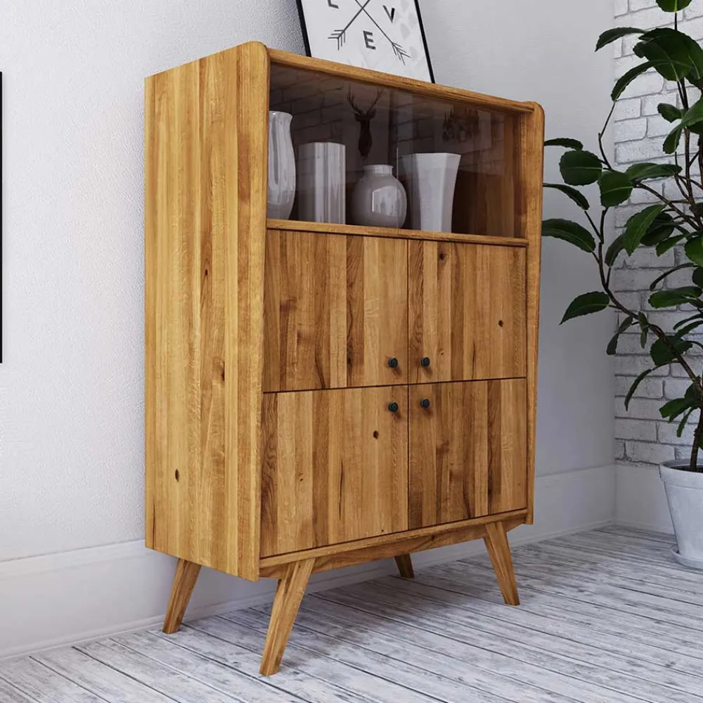 Wohnen Highboards|Vitrinen<6-türiges Mid Century Highboard aus Glas & Holz - Hardus