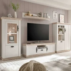 Wohnen Wohnwände<TV Anbauwand im Scandi Landhaus Stil Nedita in Weiß & Shabby Pinie Dekor (vierteilig)