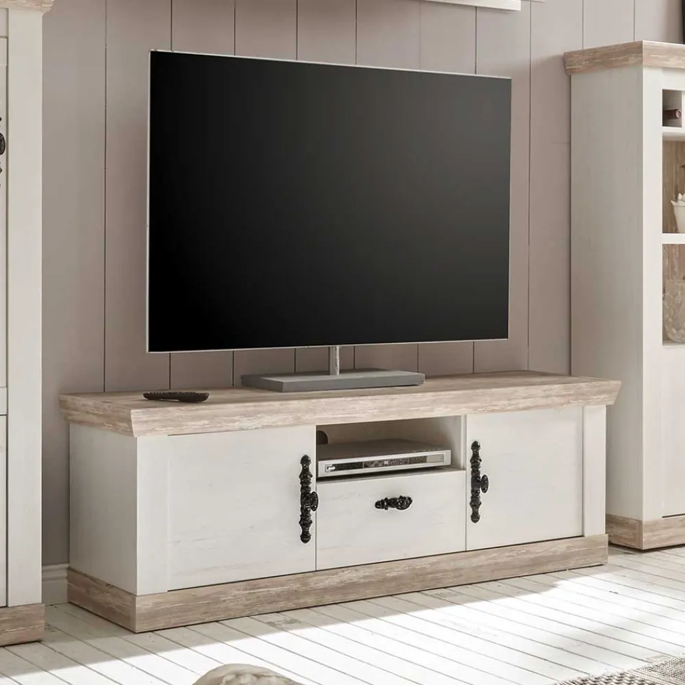Wohnen Wohnwände<TV Anbauwand im Scandi Landhaus Stil Nedita in Weiß & Shabby Pinie Dekor (vierteilig)