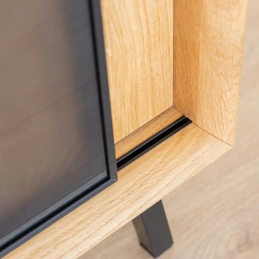 Wohnen Tv & Hifi-Möbel|Lowboards<TV Board mit Schiebetüren aus getöntem Glas & Eiche - Fabiella