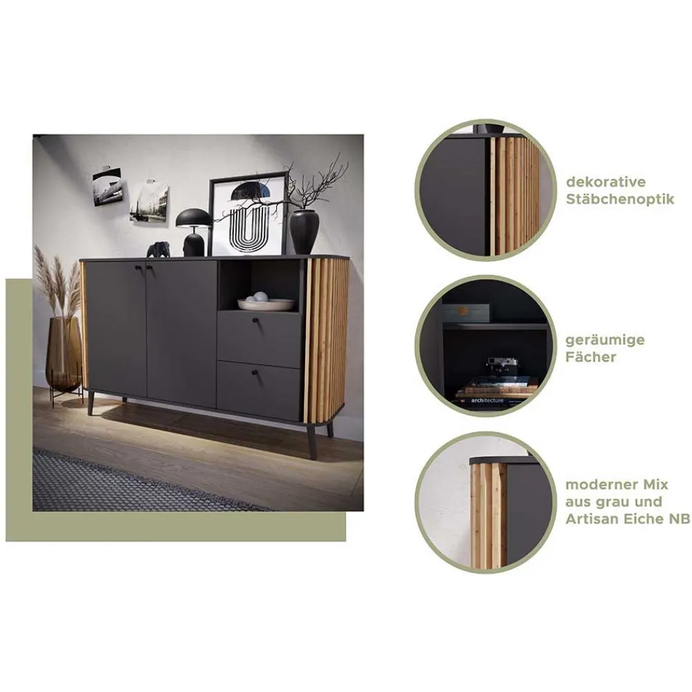 Wohnen Tv & Hifi-Möbel|Lowboards<TV Lowboard in Grau und Wildeiche - Penzanca