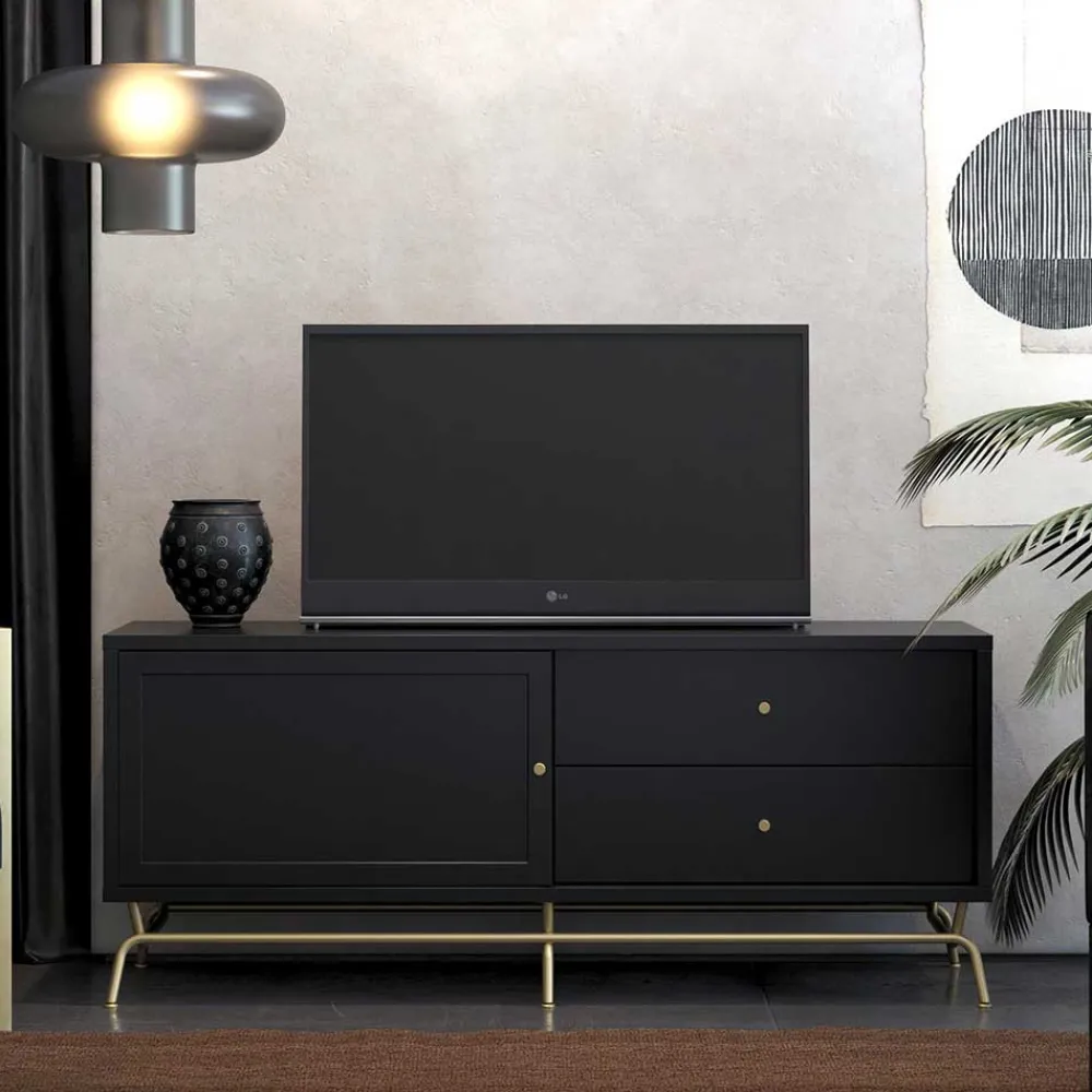Wohnen Tv & Hifi-Möbel|Lowboards<TV Lowboard in Schwarz mit Gold - Prasery