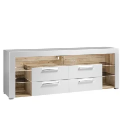 Wohnen Tv & Hifi-Möbel|Lowboards<TV Lowboard in Weiß HG & Holz Antik Dekor - Masina