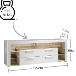 Wohnen Tv & Hifi-Möbel|Lowboards<TV Lowboard in Weiß HG & Holz Antik Dekor - Masina
