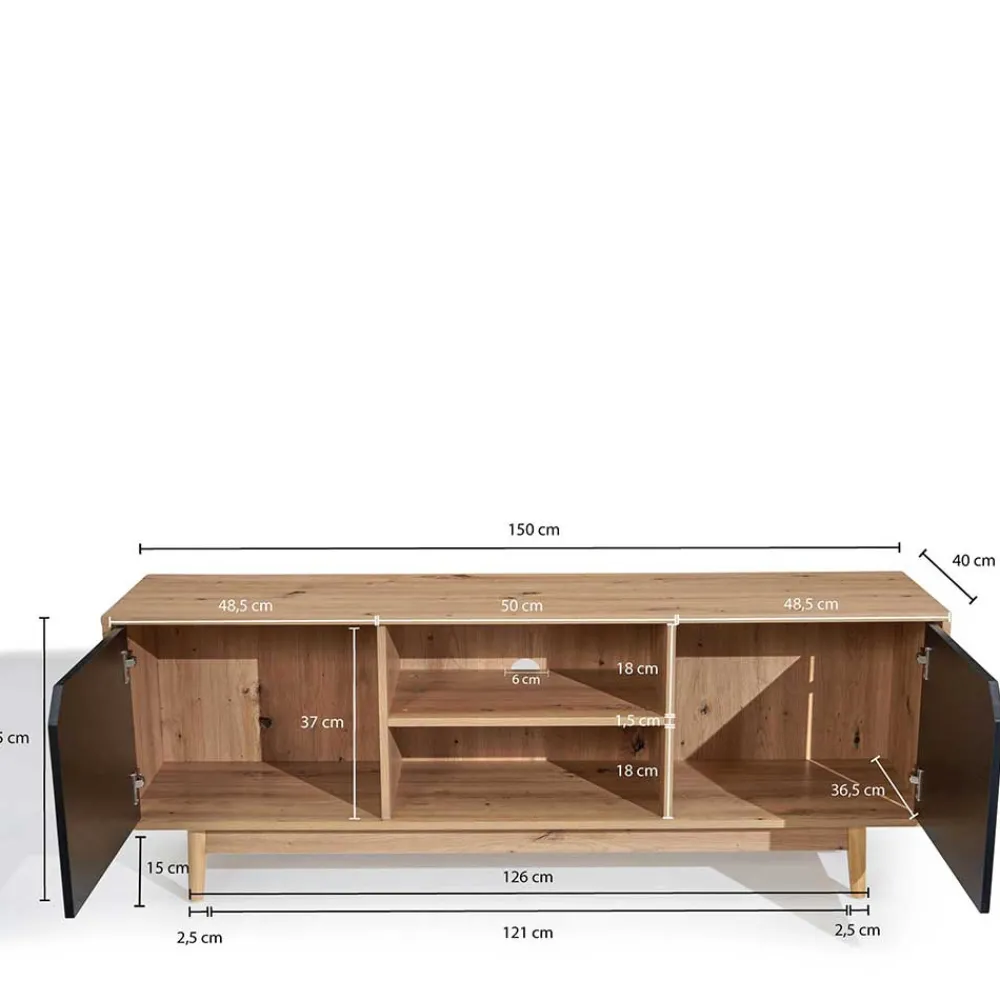 Wohnen Tv & Hifi-Möbel|Lowboards<TV Unterschrank in Dekor Eiche Natur und Schwarz - Heraklion