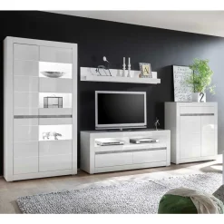 Wohnen Wohnwände<TV Wand in Weiß Hochglanz Mextra mit Dekor Beton Optik (vierteilig)