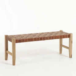 Wohnen Sitzbank<Urige Holzbank mit Leder Geflecht Sitz - Crespa (2er Set)