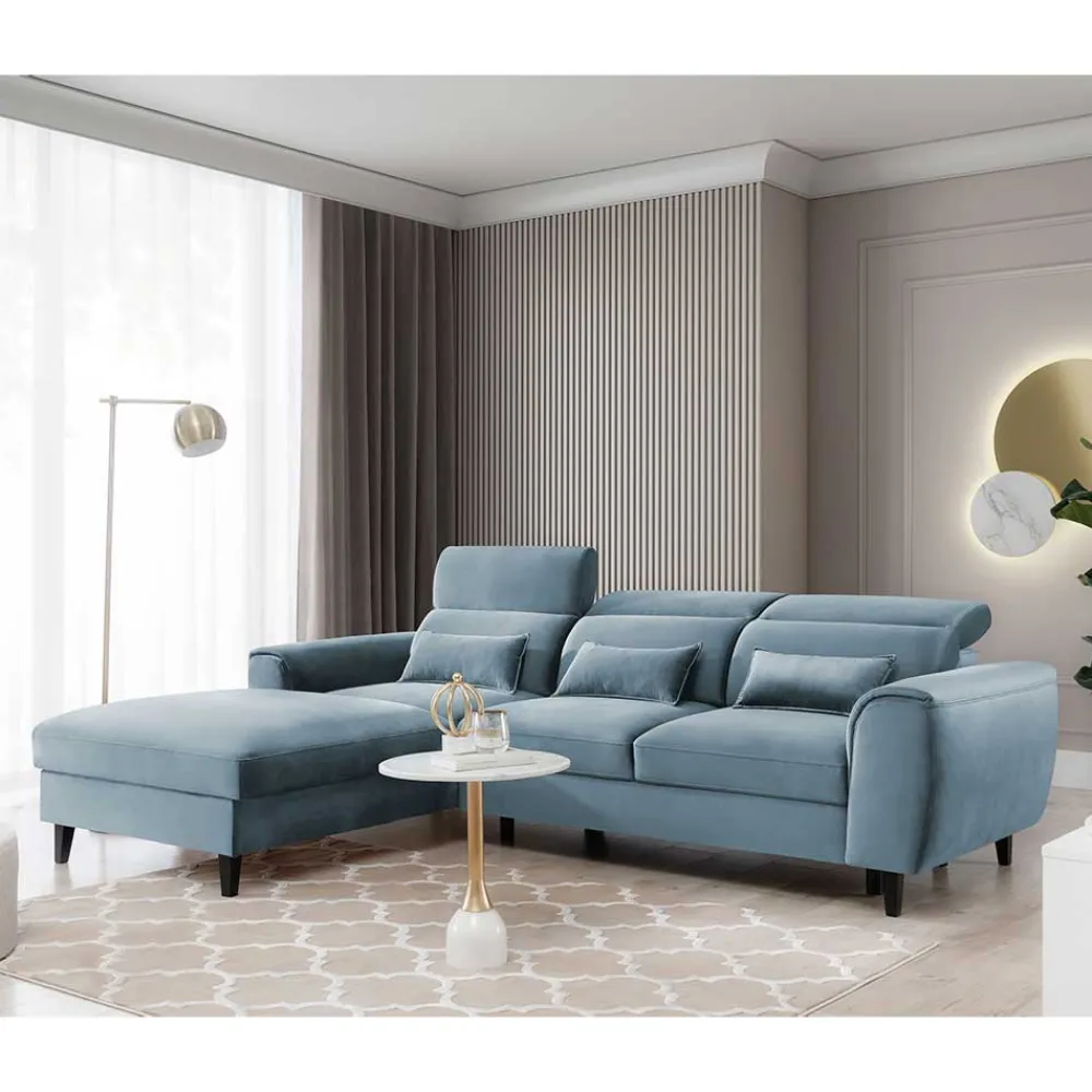 Wohnen Betten|Sofas<Viersitzer Ecksofa in Hellblau - matter Samt - Memphis