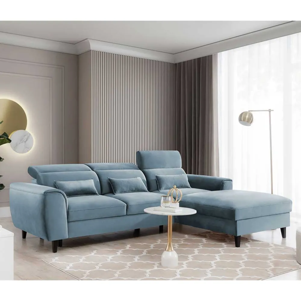 Wohnen Betten|Sofas<Viersitzer Ecksofa in Hellblau - matter Samt - Memphis