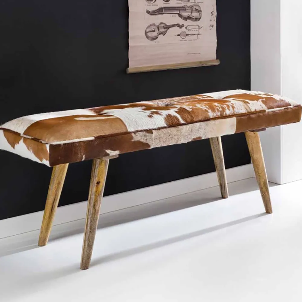 Wohnen Sitzbank<Vintage Landhaus Bank Ilusiana mit Fell Leder Holz 120cm