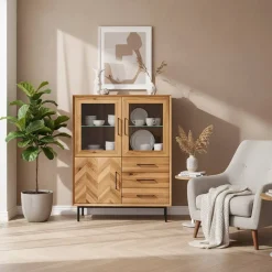 Wohnen Highboards|Vitrinen<Vitrine Highboard mit 3 Türen & Schubladen - Kerfa