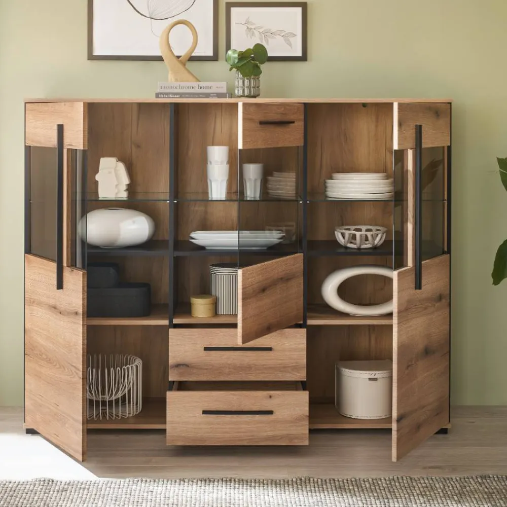 Wohnen Kommoden<Vitrinen-Highboard in Eiche Holzoptik - Brocus