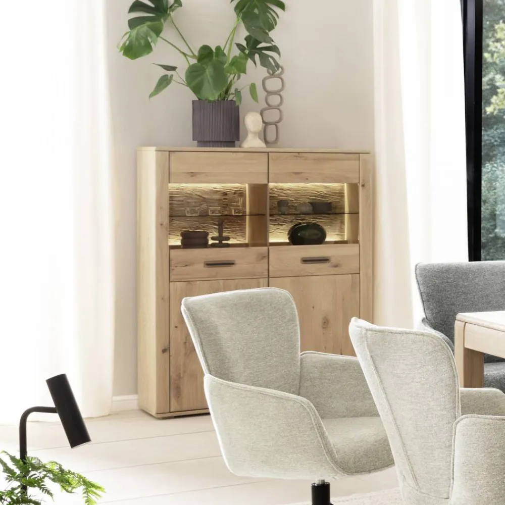 Wohnen Highboards<Vitrinenschrank in Asteiche Hell - Jevedaz