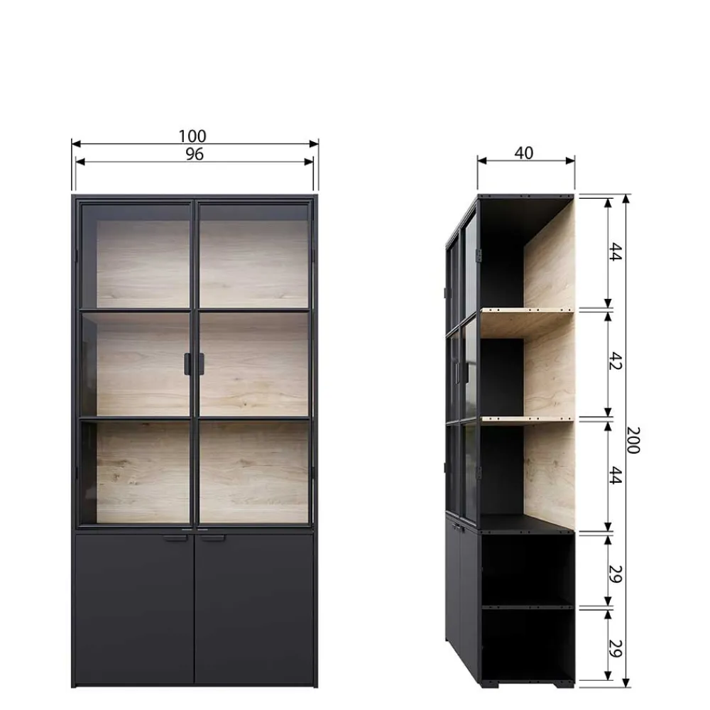 Wohnen Vitrinen<Vitrinenschrank in Kiefer und Schwarz - Angoro