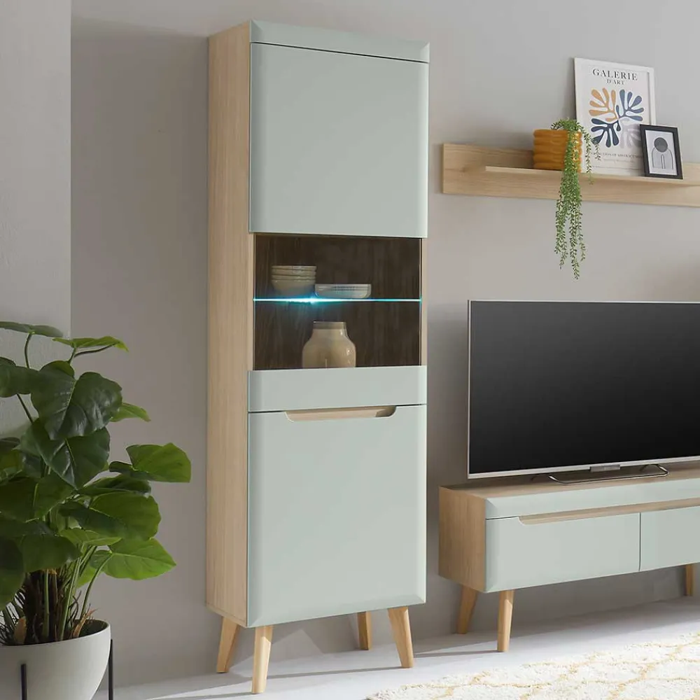Wohnen Vitrinen<Vitrinenschrank in Mintgrün und Eiche - Armina